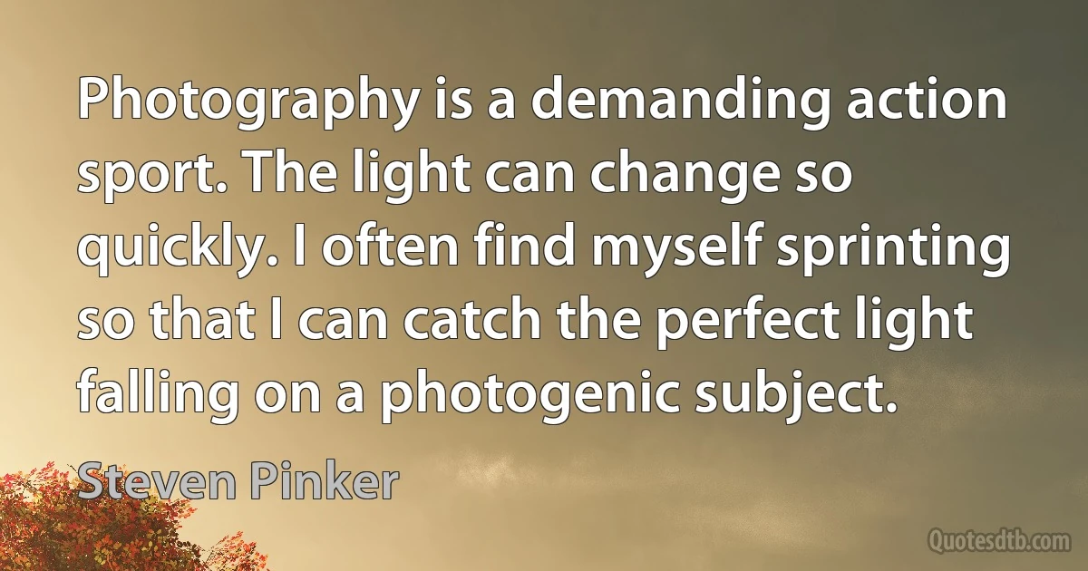 Photography is a demanding action sport. The light can change so quickly. I often find myself sprinting so that I can catch the perfect light falling on a photogenic subject. (Steven Pinker)