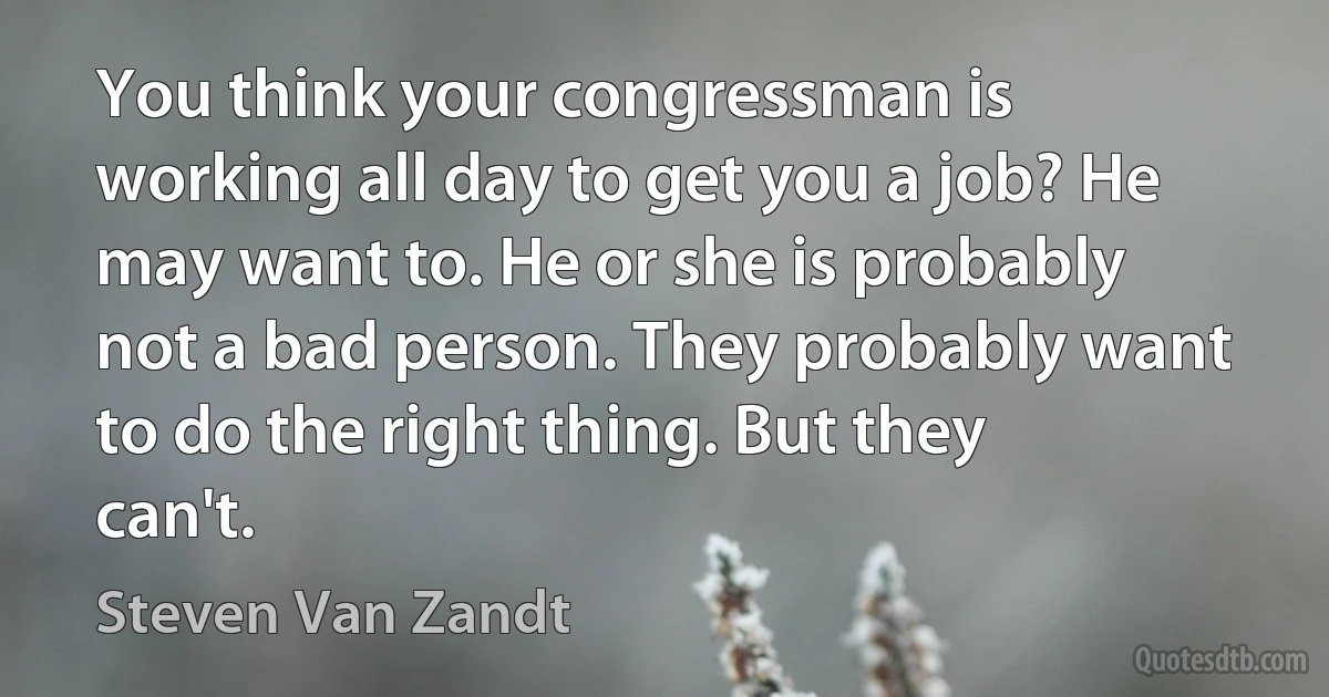 You think your congressman is working all day to get you a job? He may want to. He or she is probably not a bad person. They probably want to do the right thing. But they can't. (Steven Van Zandt)