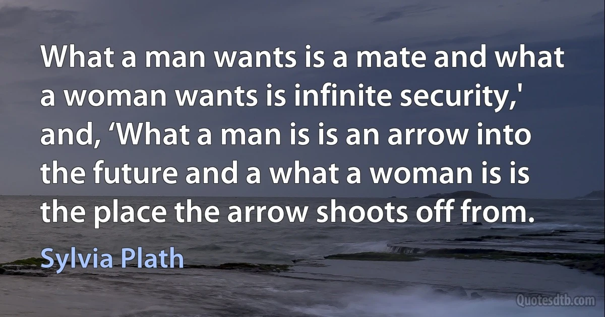 What a man wants is a mate and what a woman wants is infinite security,' and, ‘What a man is is an arrow into the future and a what a woman is is the place the arrow shoots off from. (Sylvia Plath)