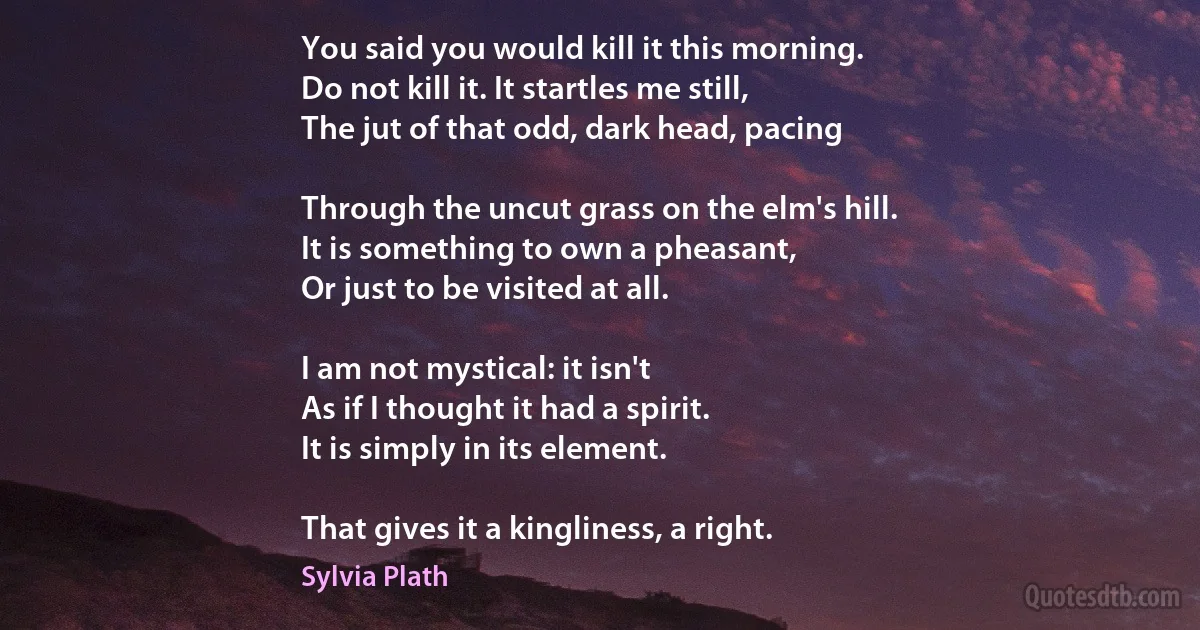 You said you would kill it this morning.
Do not kill it. It startles me still,
The jut of that odd, dark head, pacing

Through the uncut grass on the elm's hill.
It is something to own a pheasant,
Or just to be visited at all.

I am not mystical: it isn't
As if I thought it had a spirit.
It is simply in its element.

That gives it a kingliness, a right. (Sylvia Plath)