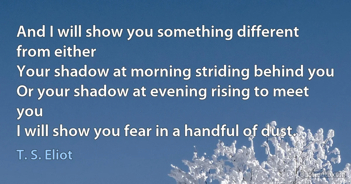 And I will show you something different from either
Your shadow at morning striding behind you
Or your shadow at evening rising to meet you
I will show you fear in a handful of dust. (T. S. Eliot)