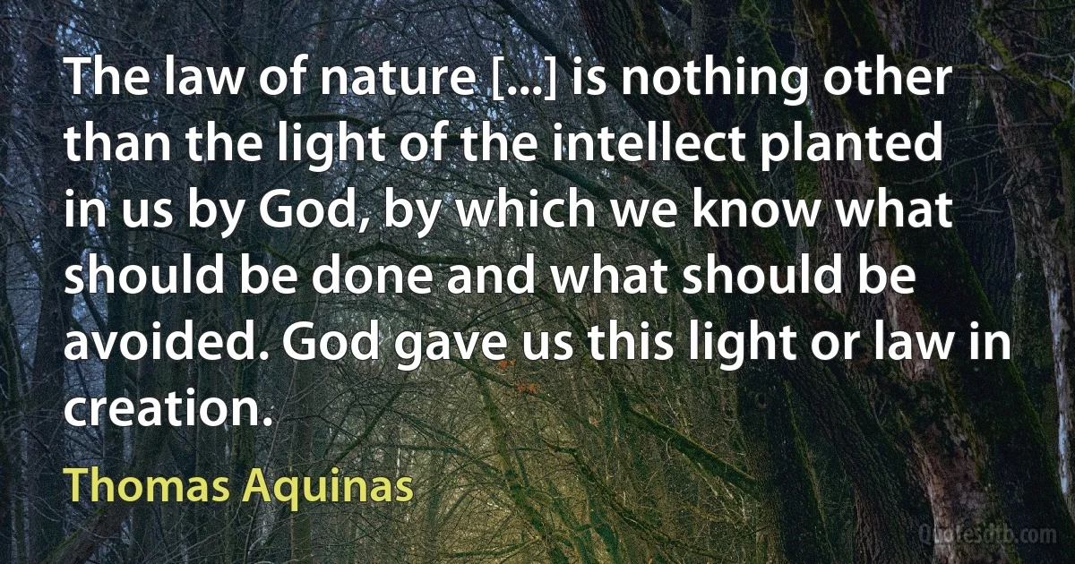 The law of nature [...] is nothing other than the light of the intellect planted in us by God, by which we know what should be done and what should be avoided. God gave us this light or law in creation. (Thomas Aquinas)