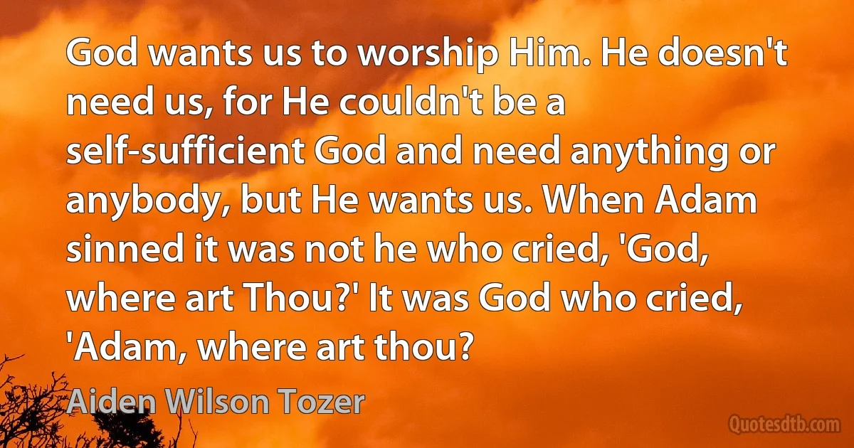 God wants us to worship Him. He doesn't need us, for He couldn't be a self-sufficient God and need anything or anybody, but He wants us. When Adam sinned it was not he who cried, 'God, where art Thou?' It was God who cried, 'Adam, where art thou? (Aiden Wilson Tozer)