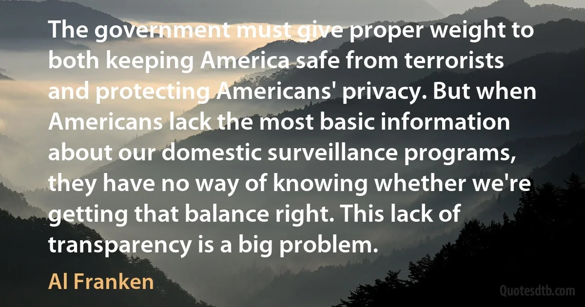 The government must give proper weight to both keeping America safe from terrorists and protecting Americans' privacy. But when Americans lack the most basic information about our domestic surveillance programs, they have no way of knowing whether we're getting that balance right. This lack of transparency is a big problem. (Al Franken)