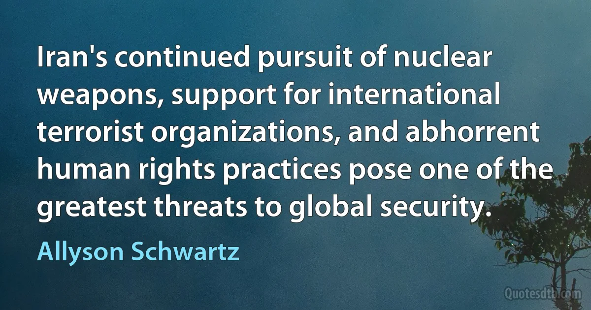 Iran's continued pursuit of nuclear weapons, support for international terrorist organizations, and abhorrent human rights practices pose one of the greatest threats to global security. (Allyson Schwartz)