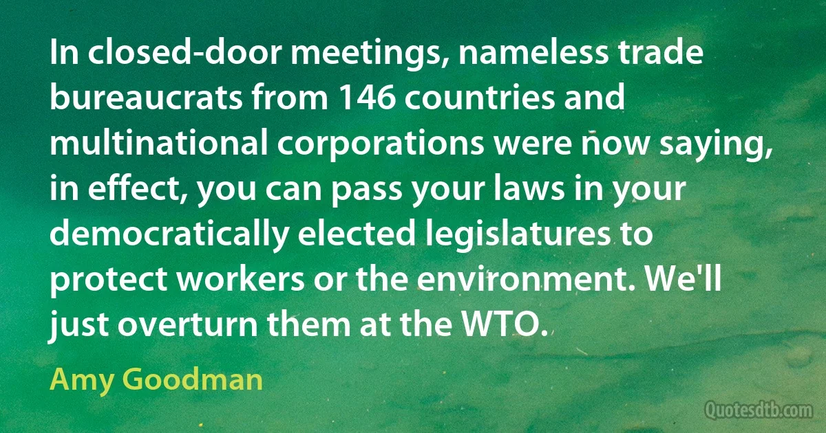 In closed-door meetings, nameless trade bureaucrats from 146 countries and multinational corporations were now saying, in effect, you can pass your laws in your democratically elected legislatures to protect workers or the environment. We'll just overturn them at the WTO. (Amy Goodman)