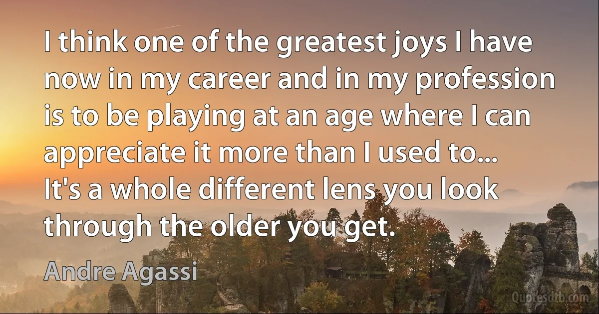 I think one of the greatest joys I have now in my career and in my profession is to be playing at an age where I can appreciate it more than I used to... It's a whole different lens you look through the older you get. (Andre Agassi)