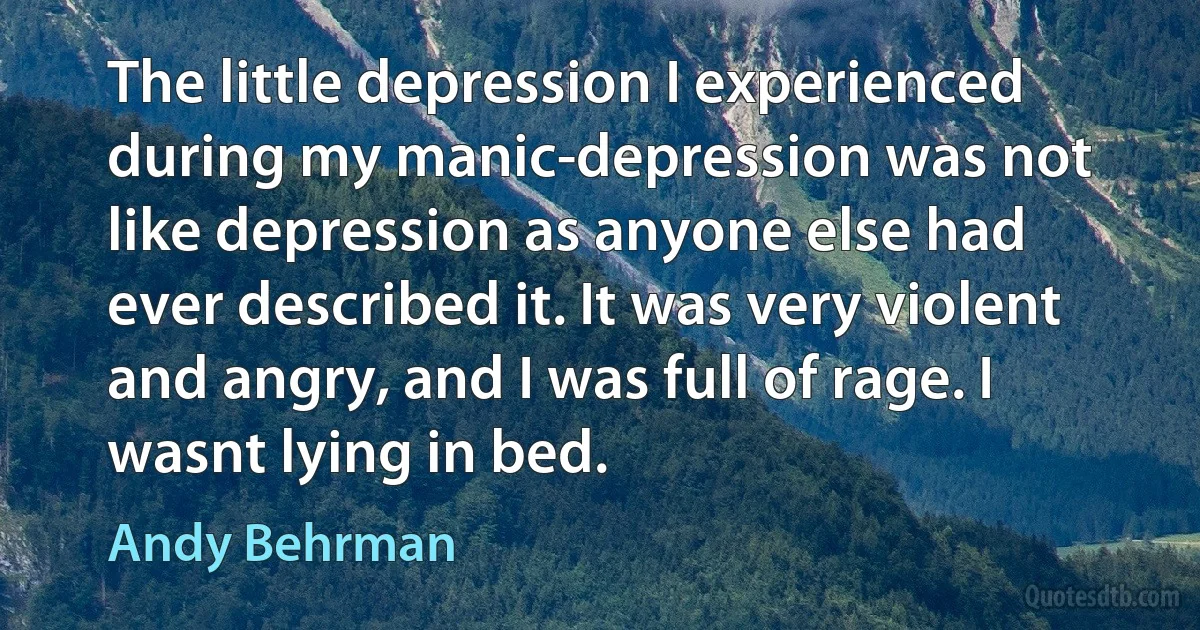 The little depression I experienced during my manic-depression was not like depression as anyone else had ever described it. It was very violent and angry, and I was full of rage. I wasnt lying in bed. (Andy Behrman)