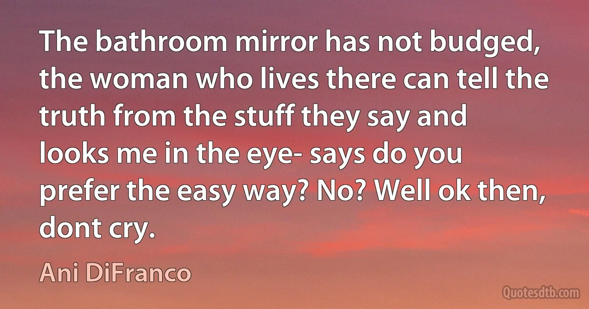 The bathroom mirror has not budged, the woman who lives there can tell the truth from the stuff they say and looks me in the eye- says do you prefer the easy way? No? Well ok then, dont cry. (Ani DiFranco)