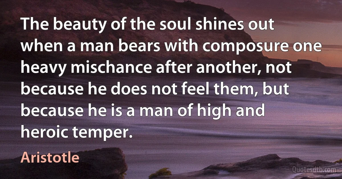 The beauty of the soul shines out when a man bears with composure one heavy mischance after another, not because he does not feel them, but because he is a man of high and heroic temper. (Aristotle)