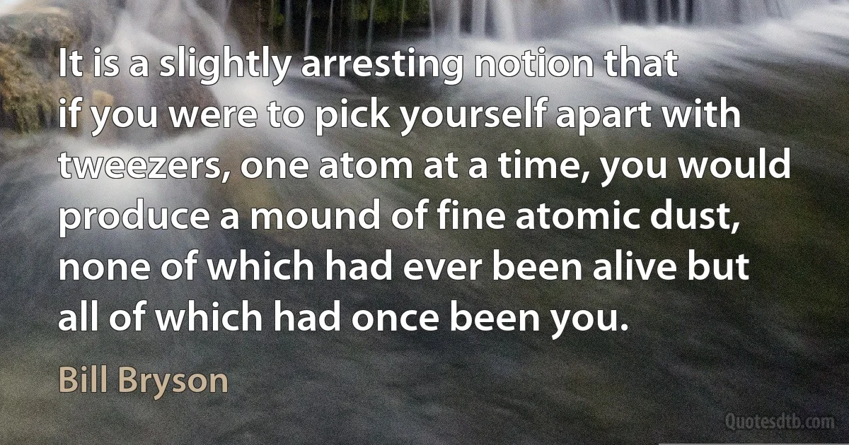 It is a slightly arresting notion that if you were to pick yourself apart with tweezers, one atom at a time, you would produce a mound of fine atomic dust, none of which had ever been alive but all of which had once been you. (Bill Bryson)