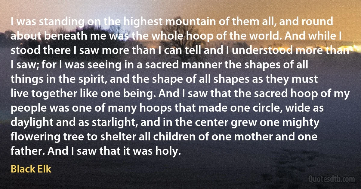 I was standing on the highest mountain of them all, and round about beneath me was the whole hoop of the world. And while I stood there I saw more than I can tell and I understood more than I saw; for I was seeing in a sacred manner the shapes of all things in the spirit, and the shape of all shapes as they must live together like one being. And I saw that the sacred hoop of my people was one of many hoops that made one circle, wide as daylight and as starlight, and in the center grew one mighty flowering tree to shelter all children of one mother and one father. And I saw that it was holy. (Black Elk)