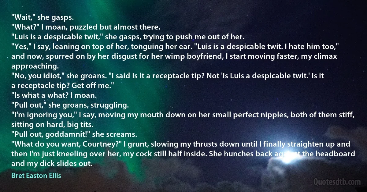 "Wait," she gasps.
"What?" I moan, puzzled but almost there.
"Luis is a despicable twit," she gasps, trying to push me out of her.
"Yes," I say, leaning on top of her, tonguing her ear. "Luis is a despicable twit. I hate him too," and now, spurred on by her disgust for her wimp boyfriend, I start moving faster, my climax approaching.
"No, you idiot," she groans. "I said Is it a receptacle tip? Not 'Is Luis a despicable twit.' Is it a receptacle tip? Get off me."
"Is what a what? I moan.
"Pull out," she groans, struggling.
"I'm ignoring you," I say, moving my mouth down on her small perfect nipples, both of them stiff, sitting on hard, big tits.
"Pull out, goddamnit!" she screams.
"What do you want, Courtney?" I grunt, slowing my thrusts down until I finally straighten up and then I'm just kneeling over her, my cock still half inside. She hunches back against the headboard and my dick slides out. (Bret Easton Ellis)