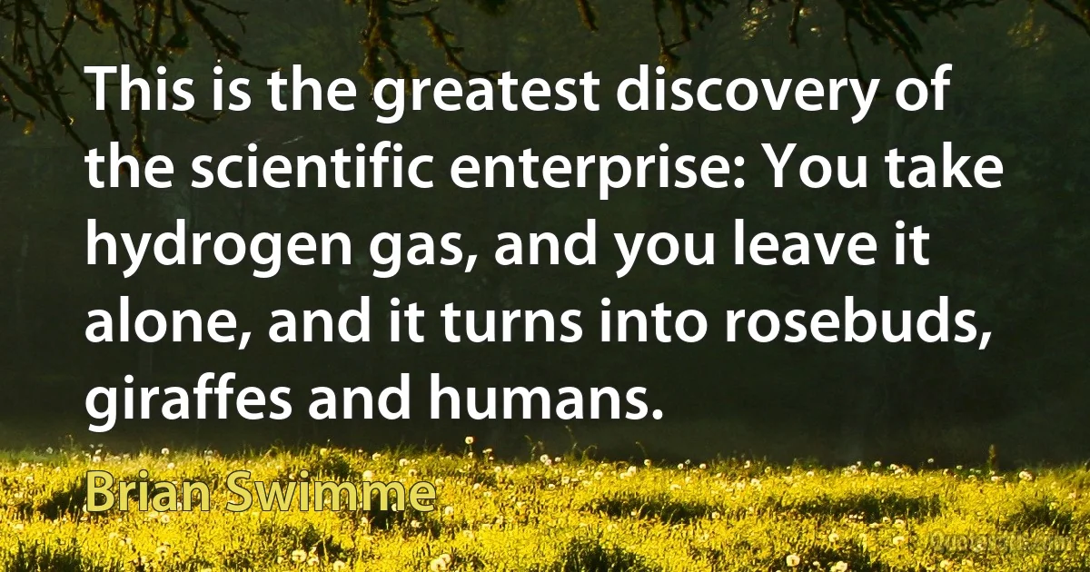 This is the greatest discovery of the scientific enterprise: You take hydrogen gas, and you leave it alone, and it turns into rosebuds, giraffes and humans. (Brian Swimme)