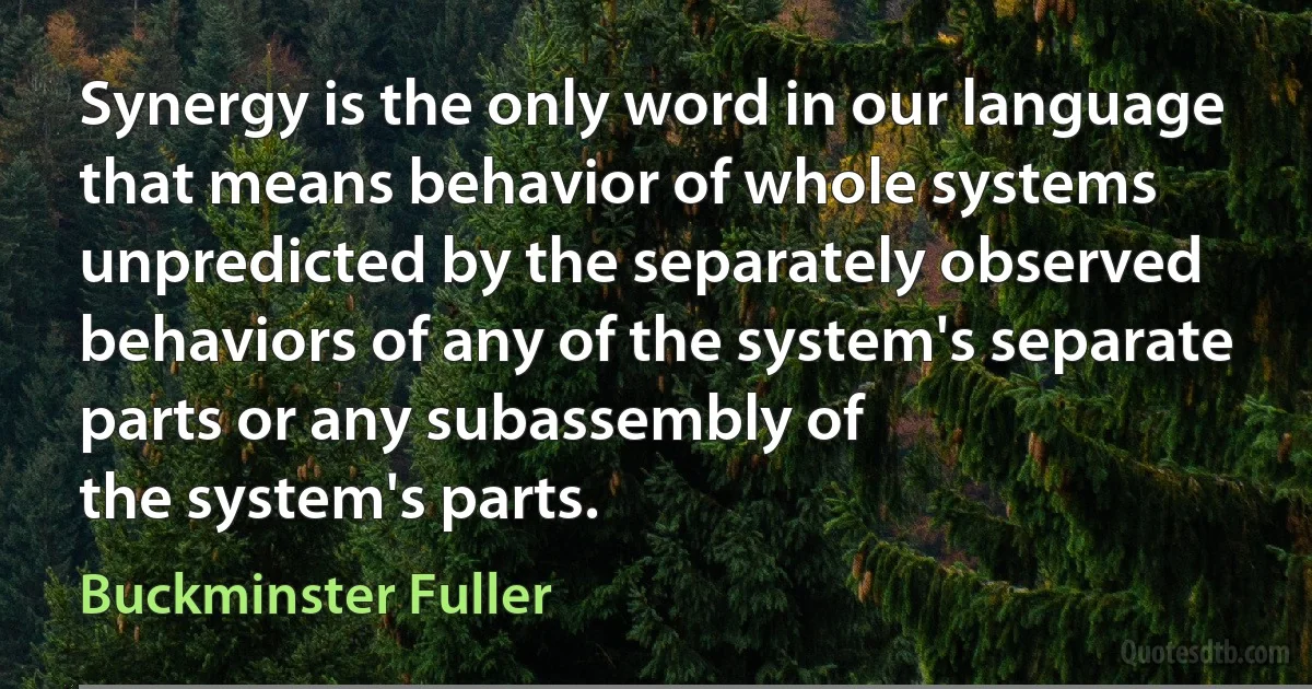 Synergy is the only word in our language that means behavior of whole systems unpredicted by the separately observed behaviors of any of the system's separate parts or any subassembly of
the system's parts. (Buckminster Fuller)