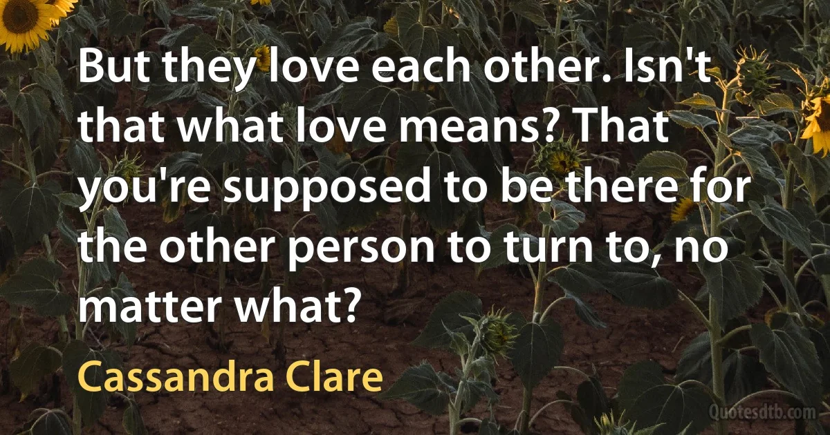 But they love each other. Isn't that what love means? That you're supposed to be there for the other person to turn to, no matter what? (Cassandra Clare)