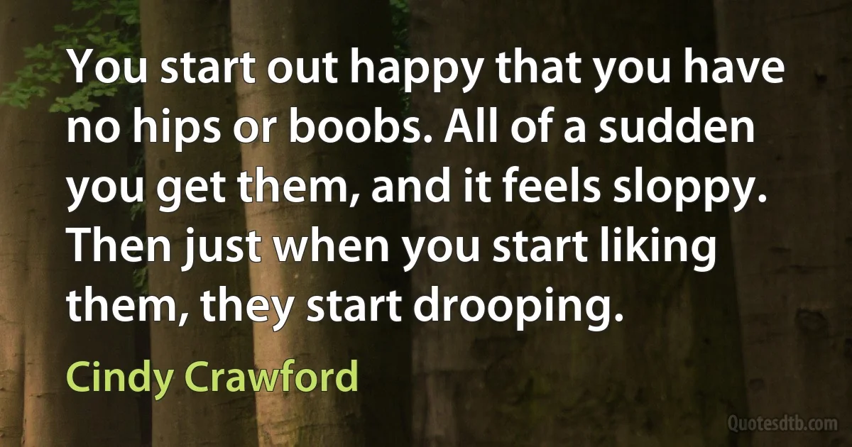 You start out happy that you have no hips or boobs. All of a sudden you get them, and it feels sloppy. Then just when you start liking them, they start drooping. (Cindy Crawford)