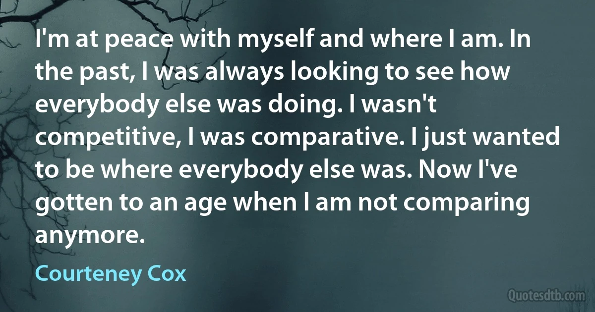 I'm at peace with myself and where I am. In the past, I was always looking to see how everybody else was doing. I wasn't competitive, I was comparative. I just wanted to be where everybody else was. Now I've gotten to an age when I am not comparing anymore. (Courteney Cox)