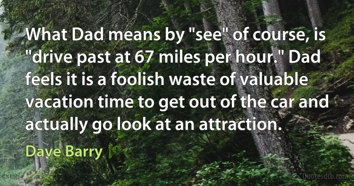 What Dad means by "see" of course, is "drive past at 67 miles per hour." Dad feels it is a foolish waste of valuable vacation time to get out of the car and actually go look at an attraction. (Dave Barry)