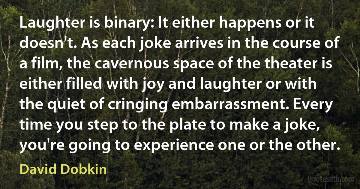 Laughter is binary: It either happens or it doesn't. As each joke arrives in the course of a film, the cavernous space of the theater is either filled with joy and laughter or with the quiet of cringing embarrassment. Every time you step to the plate to make a joke, you're going to experience one or the other. (David Dobkin)