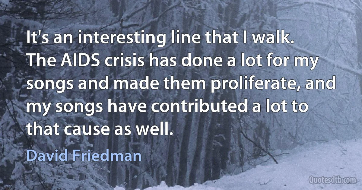 It's an interesting line that I walk. The AIDS crisis has done a lot for my songs and made them proliferate, and my songs have contributed a lot to that cause as well. (David Friedman)