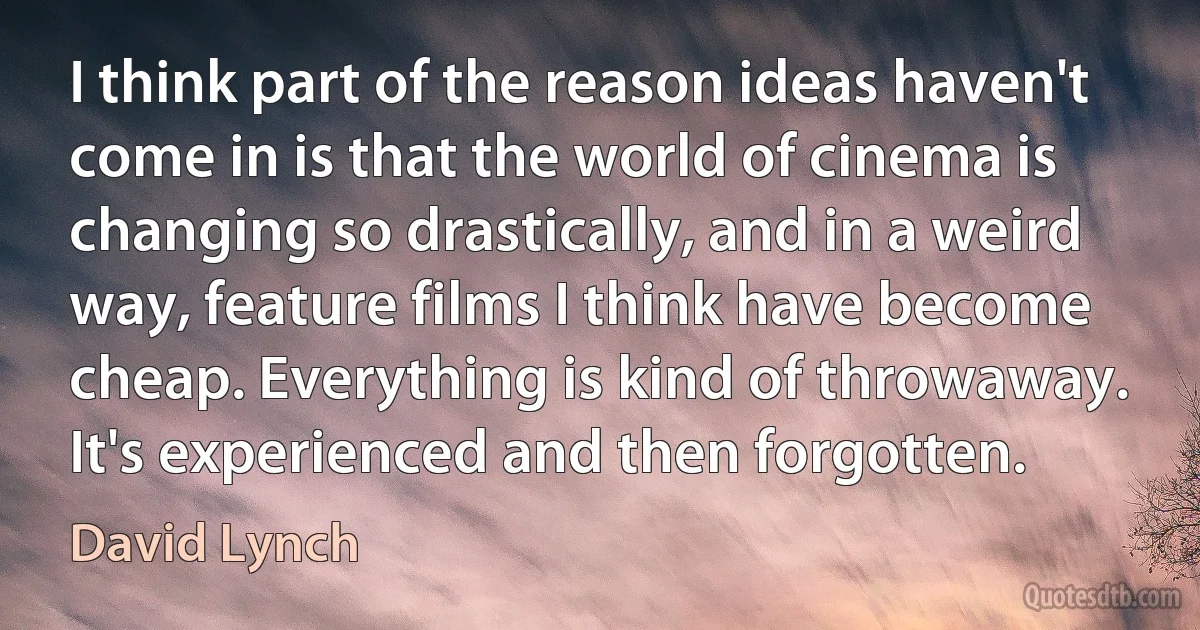 I think part of the reason ideas haven't come in is that the world of cinema is changing so drastically, and in a weird way, feature films I think have become cheap. Everything is kind of throwaway. It's experienced and then forgotten. (David Lynch)