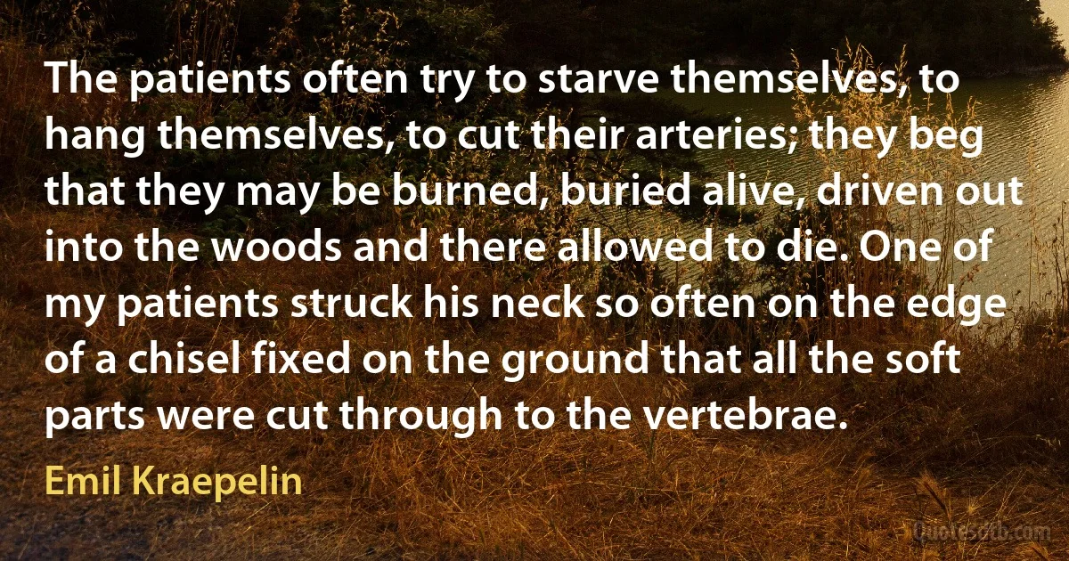 The patients often try to starve themselves, to hang themselves, to cut their arteries; they beg that they may be burned, buried alive, driven out into the woods and there allowed to die. One of my patients struck his neck so often on the edge of a chisel fixed on the ground that all the soft parts were cut through to the vertebrae. (Emil Kraepelin)