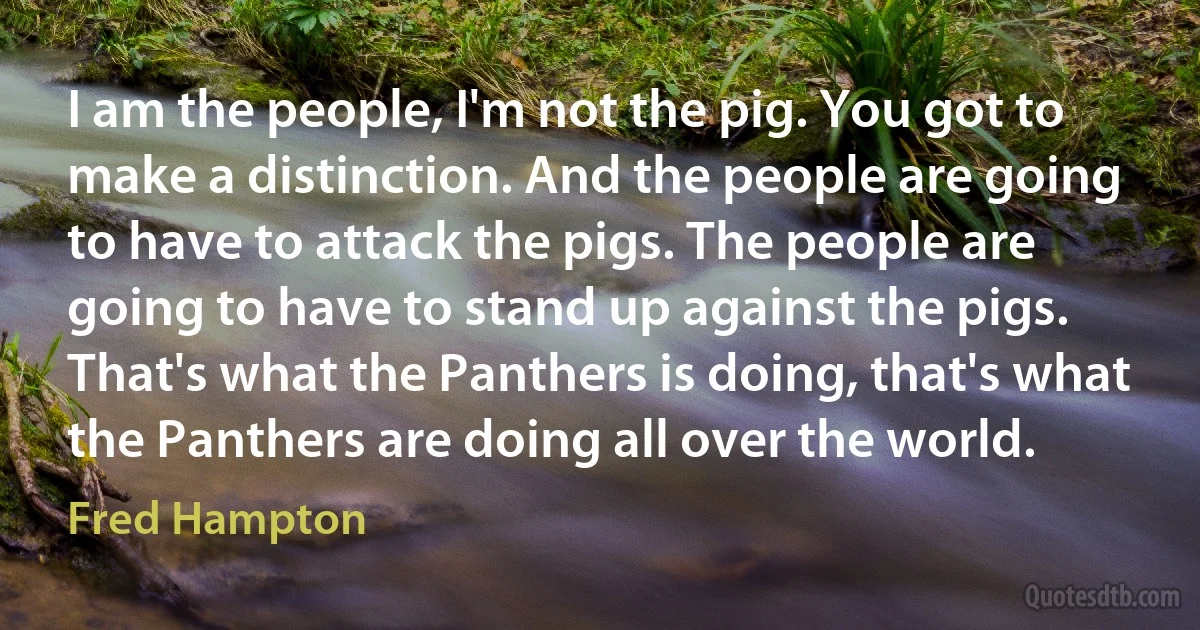 I am the people, I'm not the pig. You got to make a distinction. And the people are going to have to attack the pigs. The people are going to have to stand up against the pigs. That's what the Panthers is doing, that's what the Panthers are doing all over the world. (Fred Hampton)