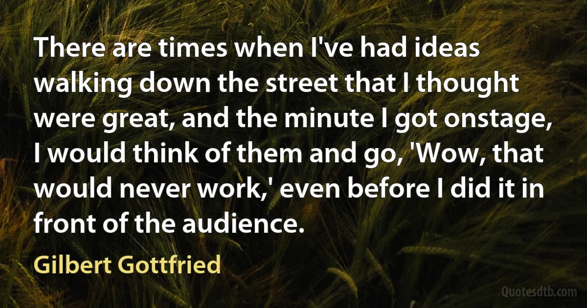 There are times when I've had ideas walking down the street that I thought were great, and the minute I got onstage, I would think of them and go, 'Wow, that would never work,' even before I did it in front of the audience. (Gilbert Gottfried)