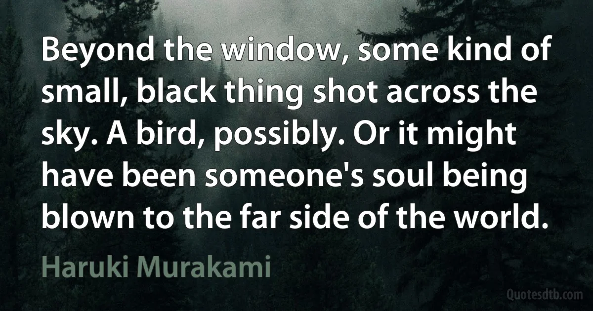 Beyond the window, some kind of small, black thing shot across the sky. A bird, possibly. Or it might have been someone's soul being blown to the far side of the world. (Haruki Murakami)