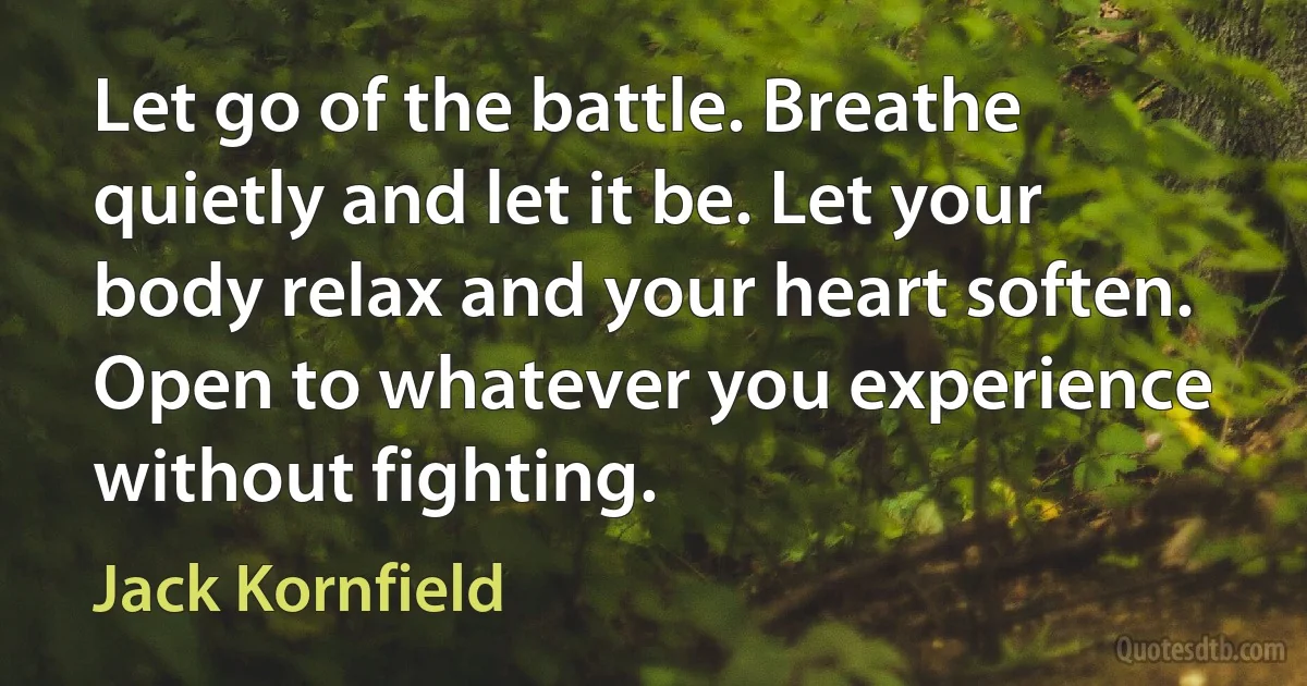 Let go of the battle. Breathe quietly and let it be. Let your body relax and your heart soften. Open to whatever you experience without fighting. (Jack Kornfield)