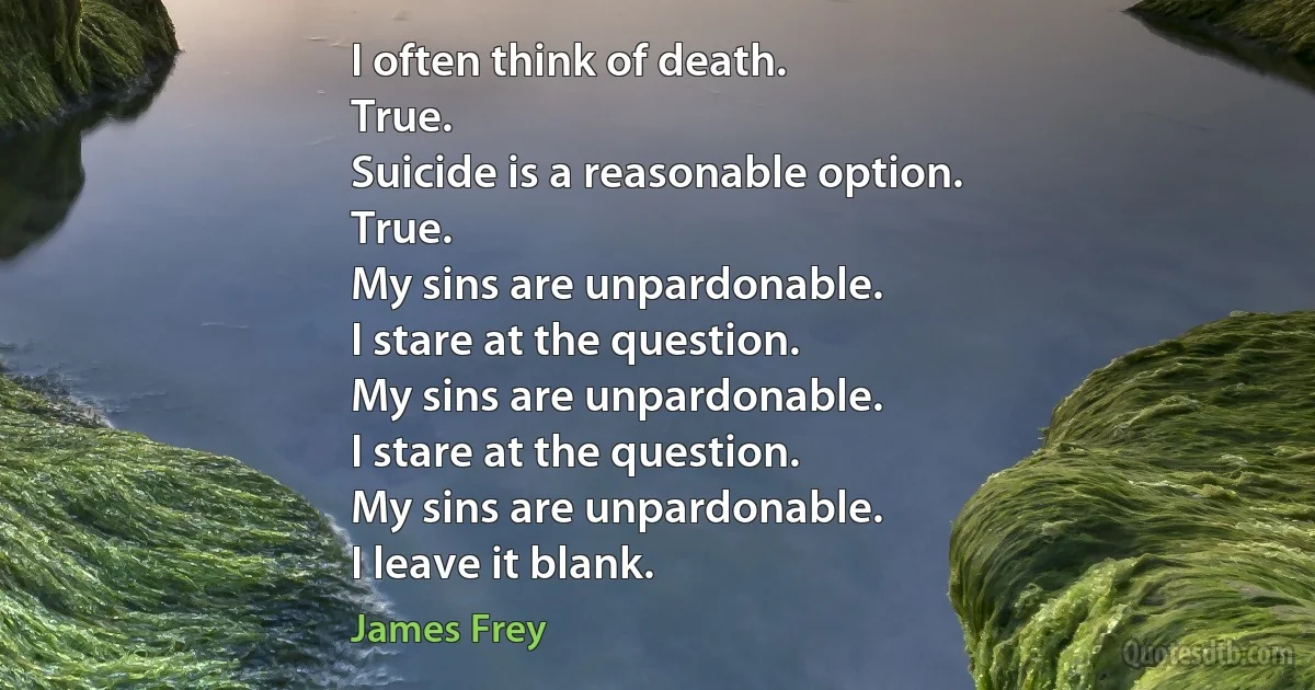 I often think of death.
True.
Suicide is a reasonable option.
True.
My sins are unpardonable.
I stare at the question.
My sins are unpardonable.
I stare at the question.
My sins are unpardonable.
I leave it blank. (James Frey)