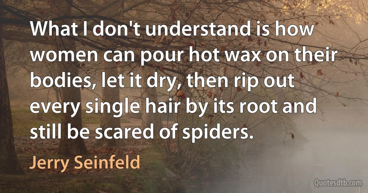 What I don't understand is how women can pour hot wax on their bodies, let it dry, then rip out every single hair by its root and still be scared of spiders. (Jerry Seinfeld)