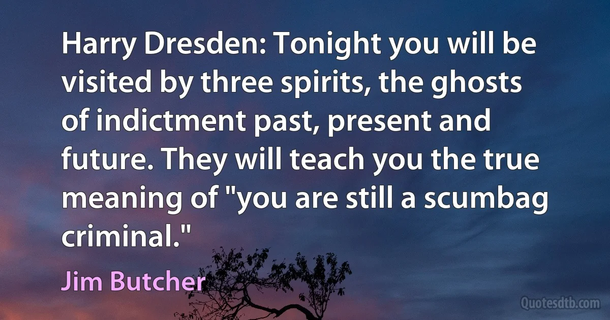 Harry Dresden: Tonight you will be visited by three spirits, the ghosts of indictment past, present and future. They will teach you the true meaning of "you are still a scumbag criminal." (Jim Butcher)