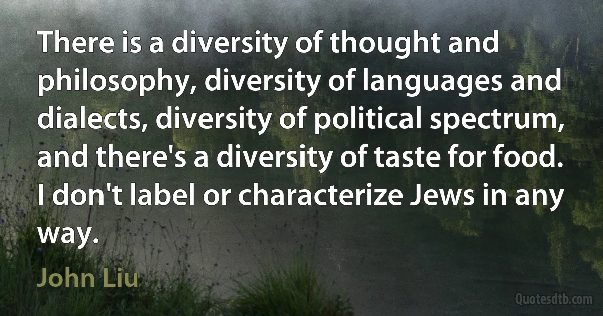 There is a diversity of thought and philosophy, diversity of languages and dialects, diversity of political spectrum, and there's a diversity of taste for food. I don't label or characterize Jews in any way. (John Liu)