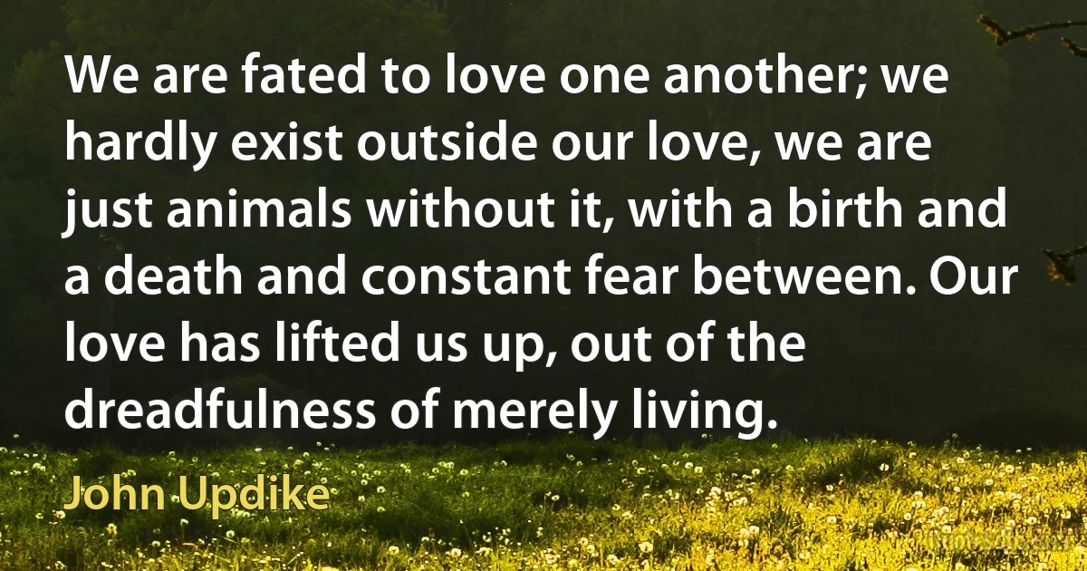 We are fated to love one another; we hardly exist outside our love, we are just animals without it, with a birth and a death and constant fear between. Our love has lifted us up, out of the dreadfulness of merely living. (John Updike)