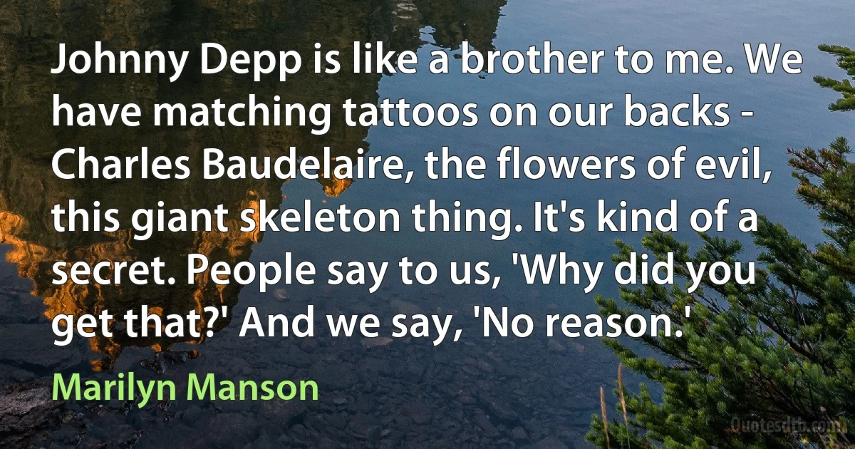 Johnny Depp is like a brother to me. We have matching tattoos on our backs - Charles Baudelaire, the flowers of evil, this giant skeleton thing. It's kind of a secret. People say to us, 'Why did you get that?' And we say, 'No reason.' (Marilyn Manson)