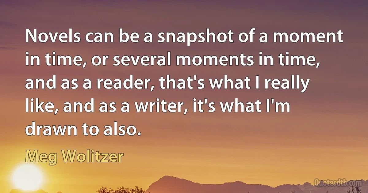 Novels can be a snapshot of a moment in time, or several moments in time, and as a reader, that's what I really like, and as a writer, it's what I'm drawn to also. (Meg Wolitzer)