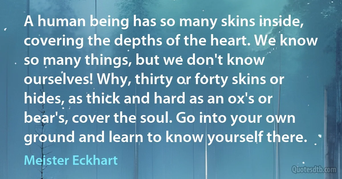 A human being has so many skins inside, covering the depths of the heart. We know so many things, but we don't know ourselves! Why, thirty or forty skins or hides, as thick and hard as an ox's or bear's, cover the soul. Go into your own ground and learn to know yourself there. (Meister Eckhart)