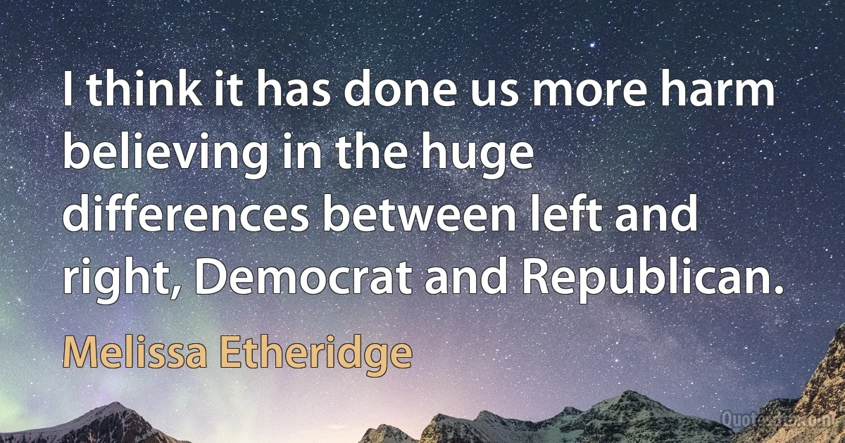 I think it has done us more harm believing in the huge differences between left and right, Democrat and Republican. (Melissa Etheridge)