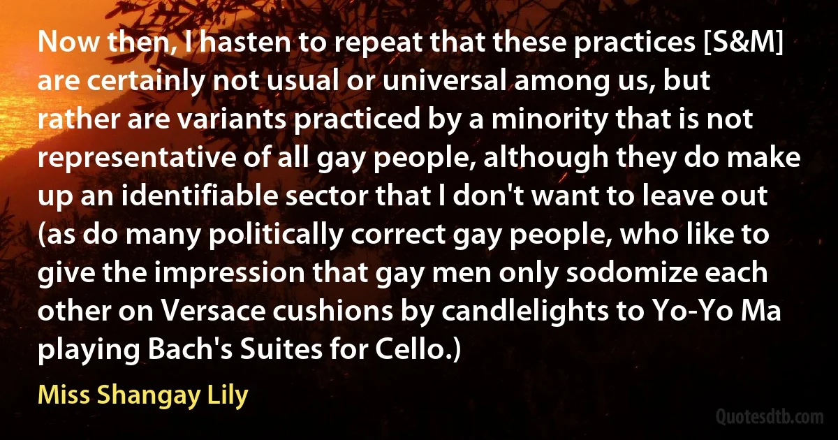 Now then, I hasten to repeat that these practices [S&M] are certainly not usual or universal among us, but rather are variants practiced by a minority that is not representative of all gay people, although they do make up an identifiable sector that I don't want to leave out (as do many politically correct gay people, who like to give the impression that gay men only sodomize each other on Versace cushions by candlelights to Yo-Yo Ma playing Bach's Suites for Cello.) (Miss Shangay Lily)