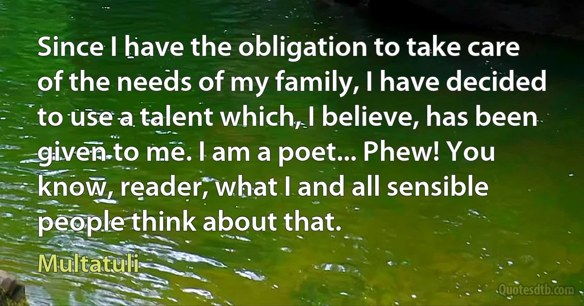 Since I have the obligation to take care of the needs of my family, I have decided to use a talent which, I believe, has been given to me. I am a poet... Phew! You know, reader, what I and all sensible people think about that. (Multatuli)