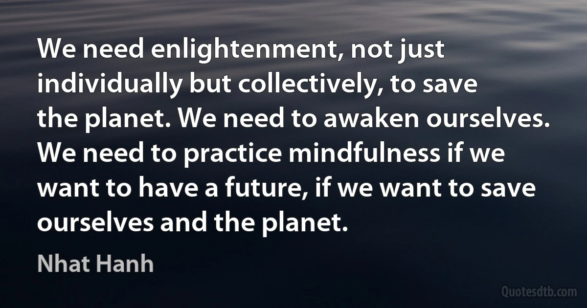 We need enlightenment, not just individually but collectively, to save the planet. We need to awaken ourselves. We need to practice mindfulness if we want to have a future, if we want to save ourselves and the planet. (Nhat Hanh)