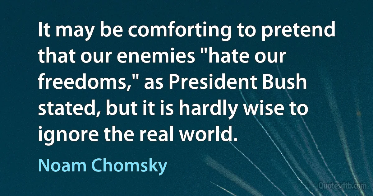 It may be comforting to pretend that our enemies "hate our freedoms," as President Bush stated, but it is hardly wise to ignore the real world. (Noam Chomsky)