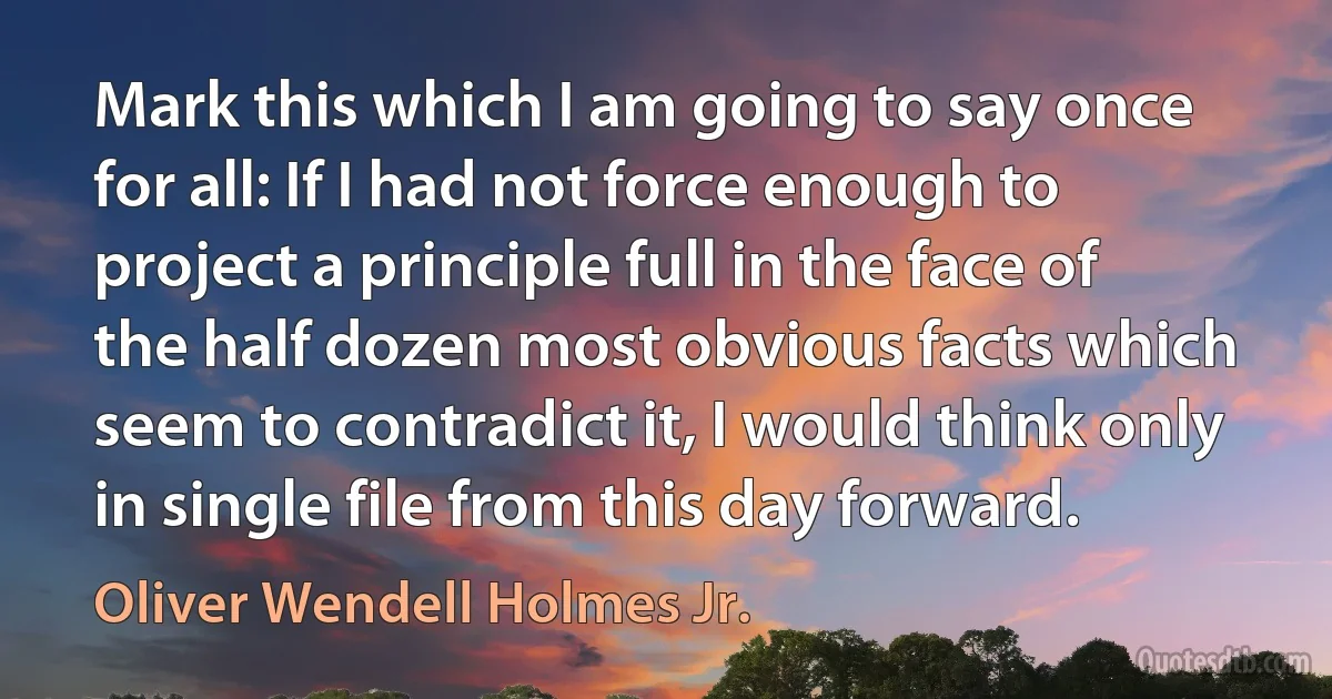 Mark this which I am going to say once for all: If I had not force enough to project a principle full in the face of the half dozen most obvious facts which seem to contradict it, I would think only in single file from this day forward. (Oliver Wendell Holmes Jr.)