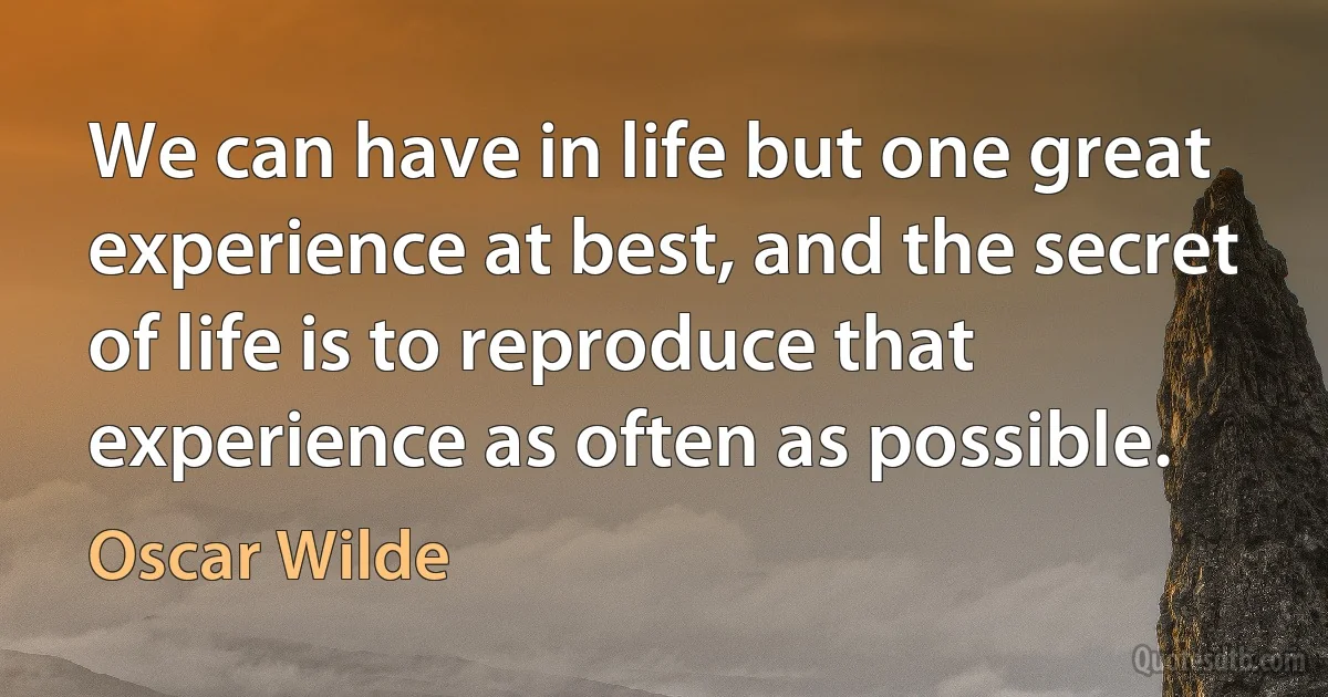 We can have in life but one great experience at best, and the secret of life is to reproduce that experience as often as possible. (Oscar Wilde)