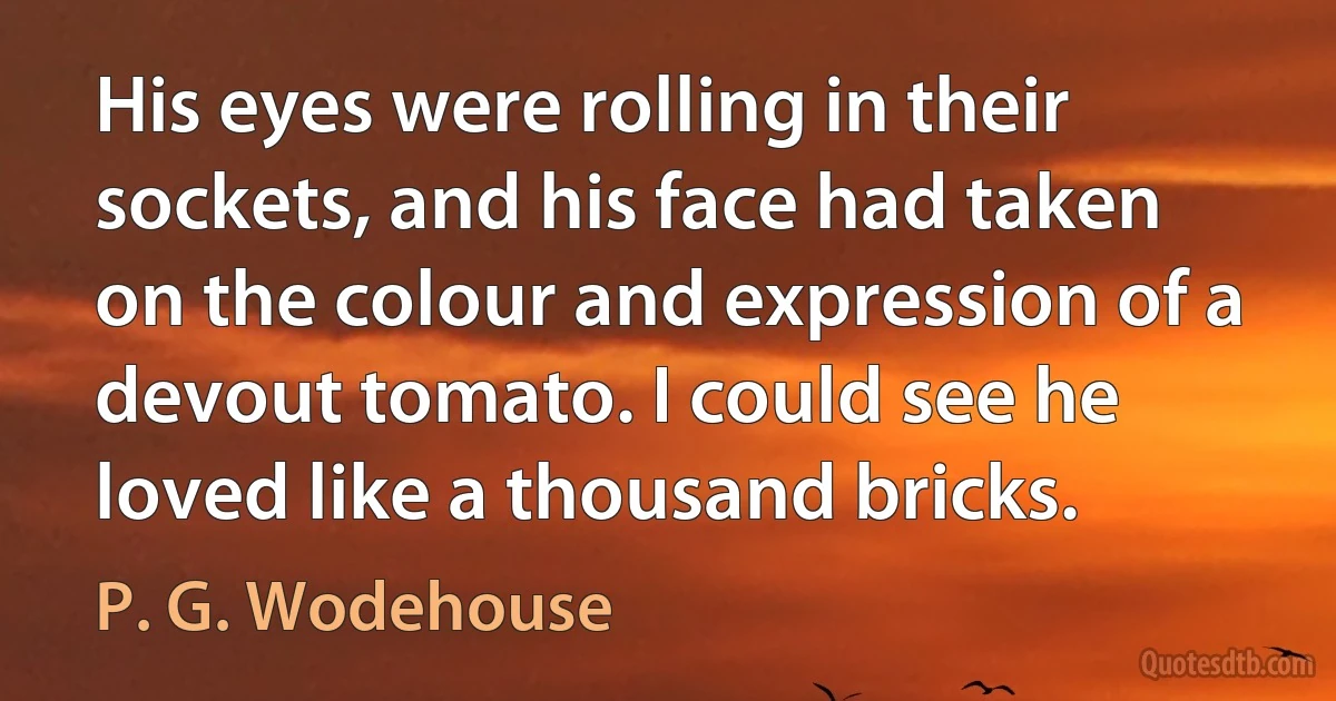 His eyes were rolling in their sockets, and his face had taken on the colour and expression of a devout tomato. I could see he loved like a thousand bricks. (P. G. Wodehouse)