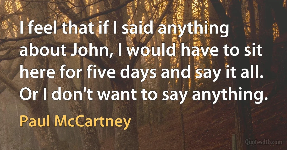 I feel that if I said anything about John, I would have to sit here for five days and say it all. Or I don't want to say anything. (Paul McCartney)