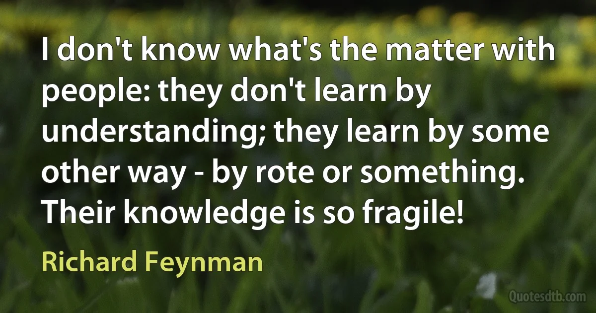 I don't know what's the matter with people: they don't learn by understanding; they learn by some other way - by rote or something. Their knowledge is so fragile! (Richard Feynman)