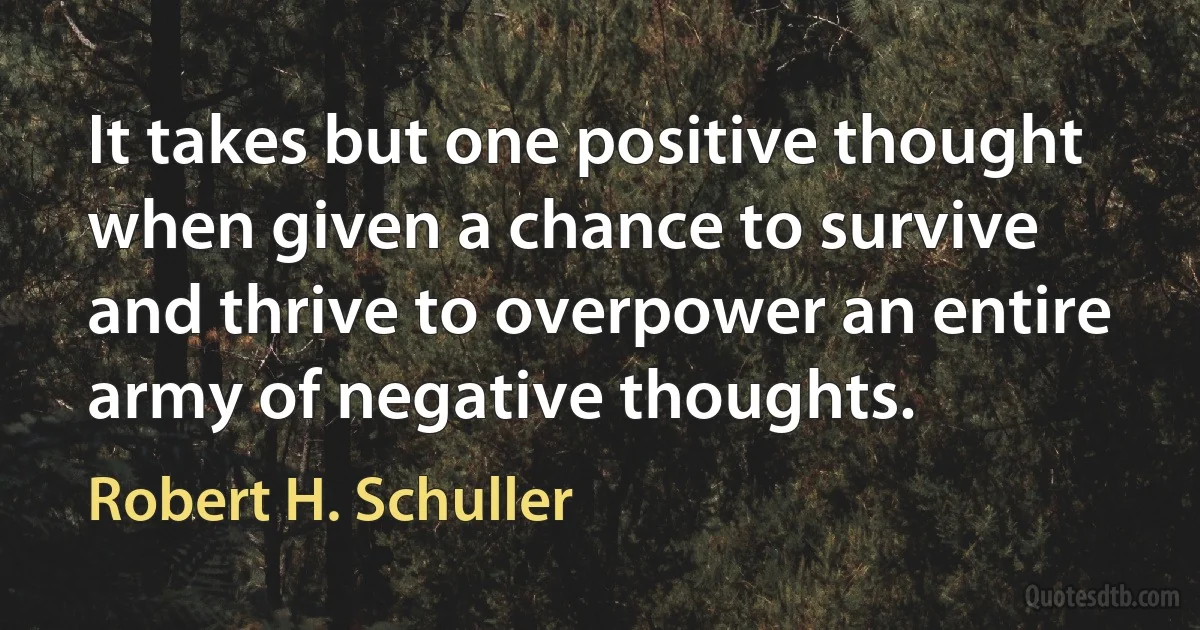 It takes but one positive thought when given a chance to survive and thrive to overpower an entire army of negative thoughts. (Robert H. Schuller)